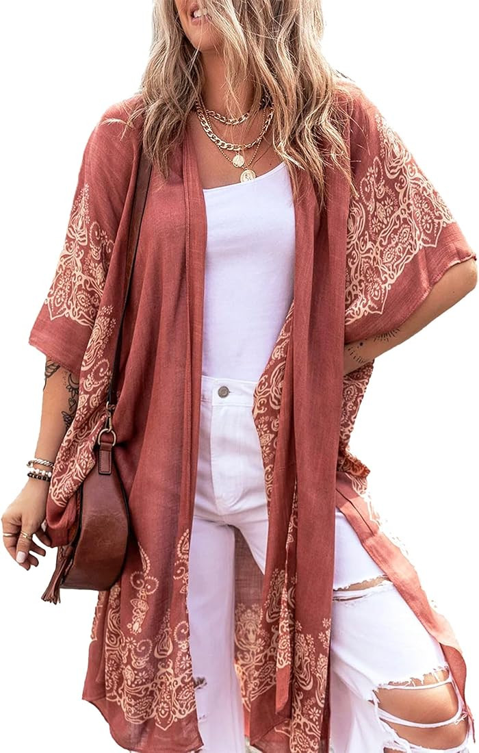 Spicy Sandia Kimonos for Women Floral Beach Cover Up Loose Swimsuit Bathing Suit Coverup Cardigan... | Amazon (US)
