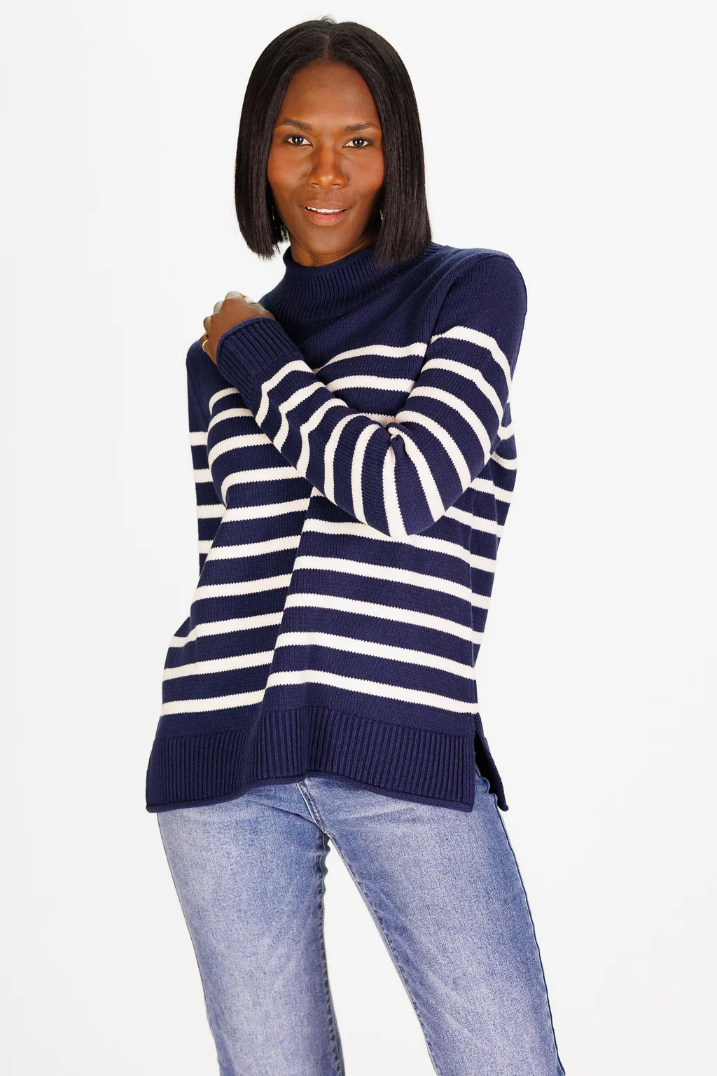 Mock Roll Neck Sweater in Navy & Ivory Stripe | Duffield Lane