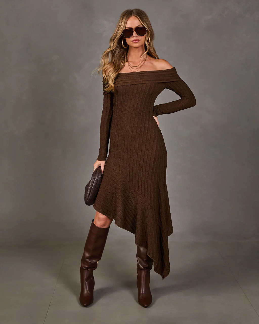Abby Knit Lace Off the Shoulder High Low Midi Dress | VICI