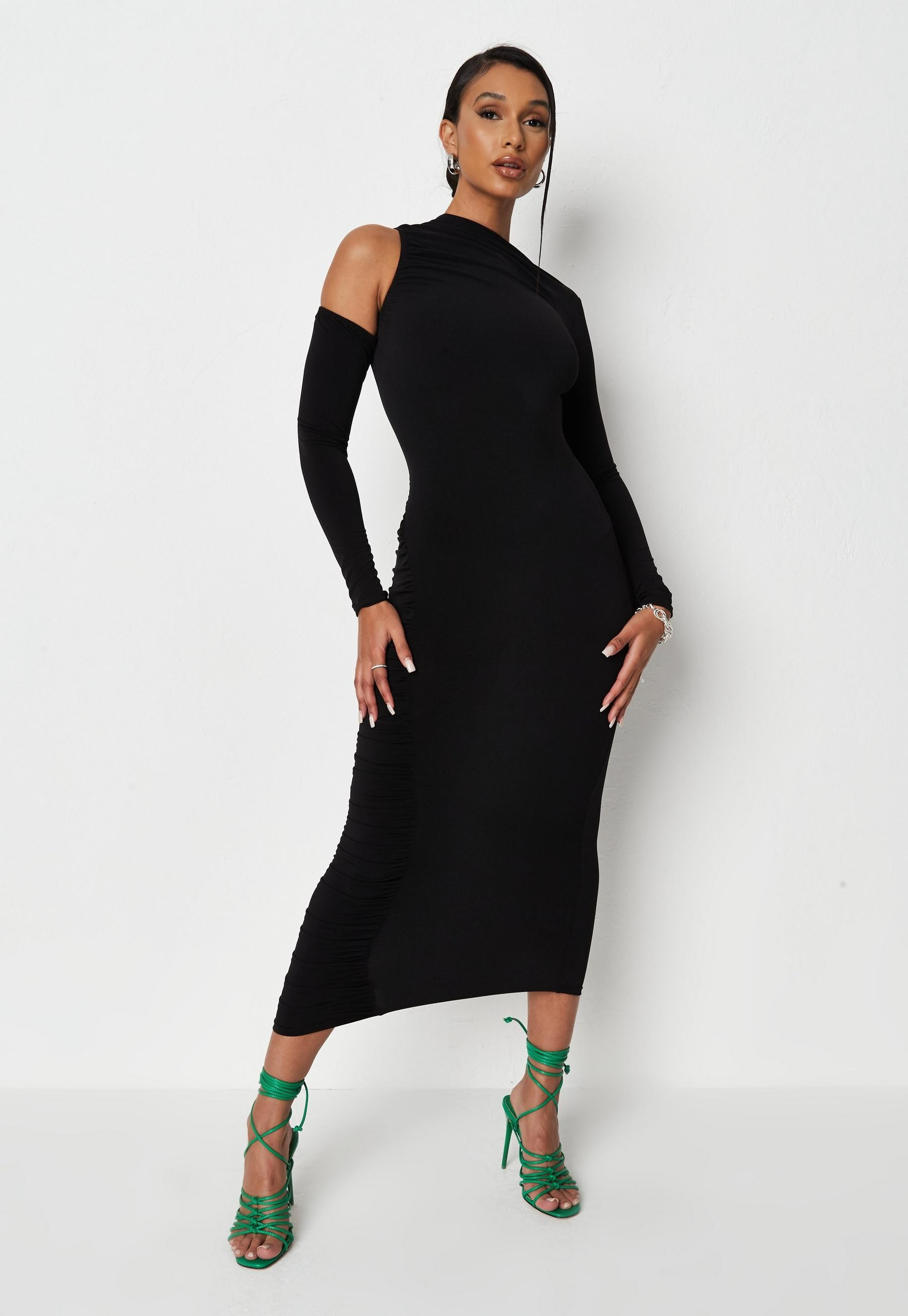 Black Cold Shoulder Ruched Slinky Midaxi Dress | Missguided (US & CA)