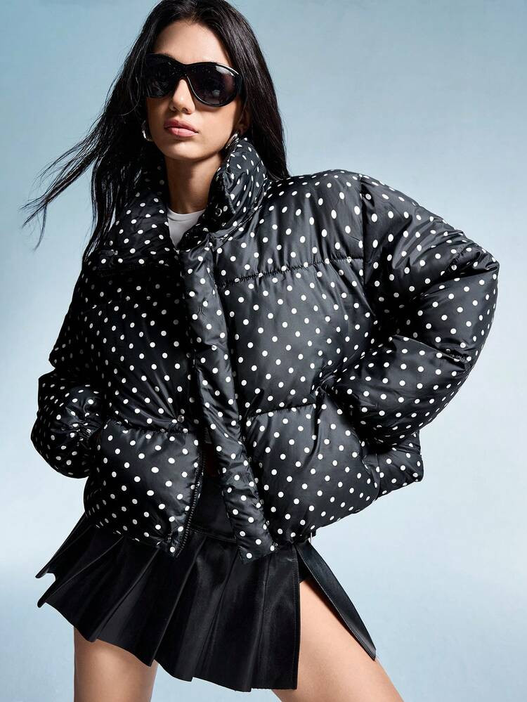 Aveloria Affinna Autumn/Winter New Casual Fashionable Elegant Simple Versatile Zip-Up Black & White Polka Dot Random Print Mixed College Style Women Short Cotton Jacket | SHEIN