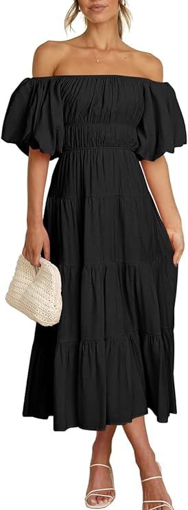 LILLUSORY Off The Shoulder Dresses for Women 2023 Summer Smocked Midi Dress | Amazon (US)