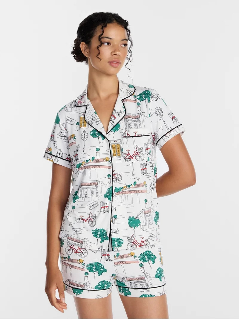 Joyspun Women's Dreamy Soft Collection Notch Collar Top and Shorts Pajama Set, 2-Piece, Sizes XS-... | Walmart (US)