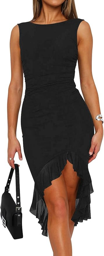 oten Womens Sexy Ruched Bodycon Dress Sleeveless Crew Neck Ruffle Hem Cocktail Party Tank Midi Dr... | Amazon (US)