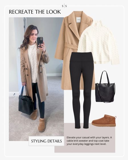 Recreate the Look | Winter outfit idea | camel coat, turtleneck sweater, bodysuit, leggings, white socks, Ugg slipper 

#LTKstyletip #LTKover40