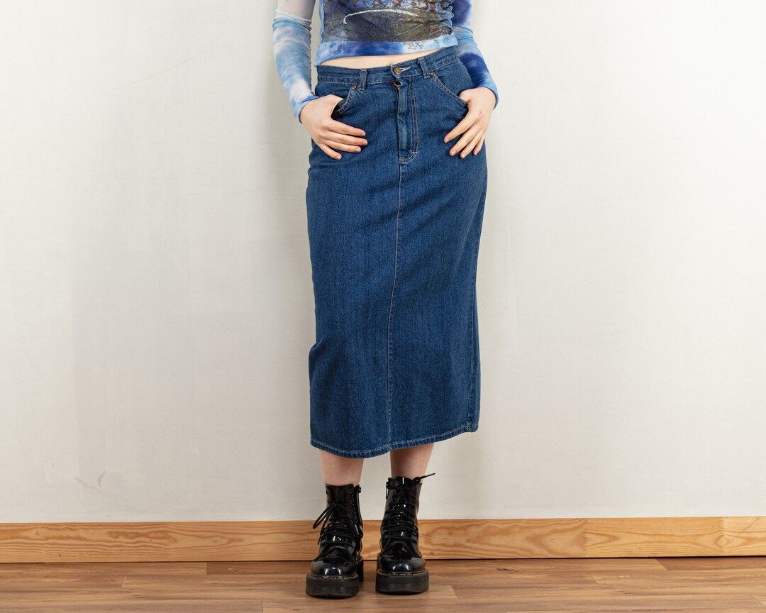 Y2K Midi Skirt Denim Vintage 90s Navy Cotton Back Slit - Etsy | Etsy (US)