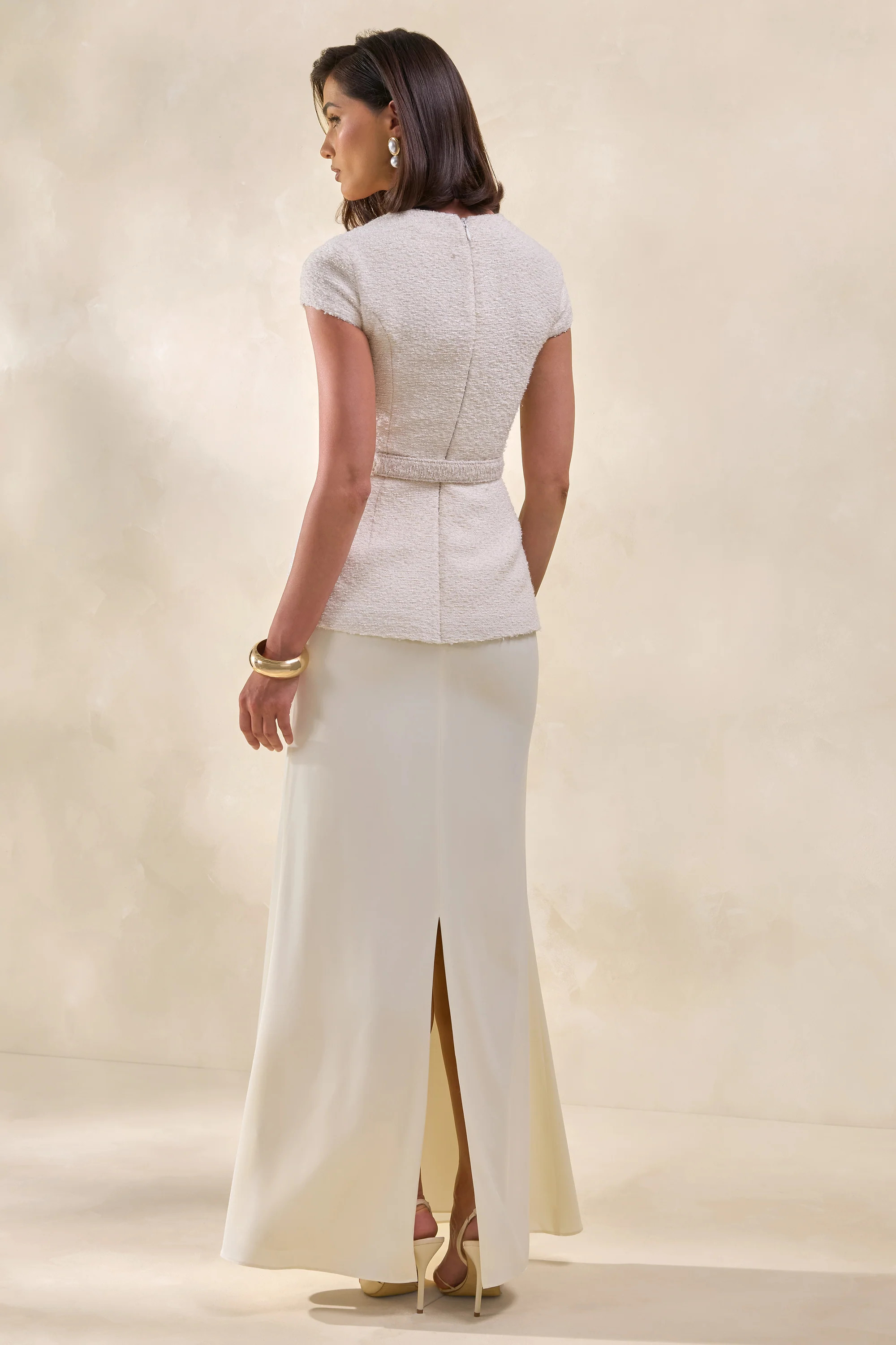 Whispera | Cream Crew-Neck Maxi Dress With Satin Skirt And Pocket-Details | Club L London
