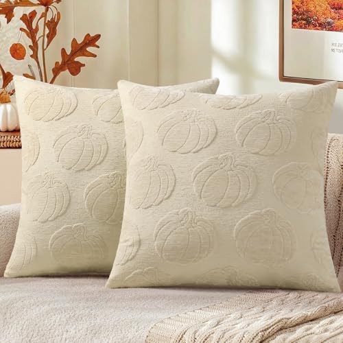 decorUhome Fall Decorative Beige Pumpkin Throw Pillow Covers 20x20 Set of 2, Soft Chenille Jacquard Farmhouse Textured Pillow Covers for Couch Bed Sofa Autumn Harvest Halloween Holiday | Amazon (US)