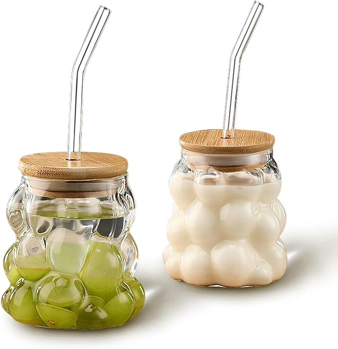 2 Pcs Creative Grape Shape Drinking Glasses with Bamboo lids and Glass Straw, 12 oz Drinking Reus... | Amazon (US)