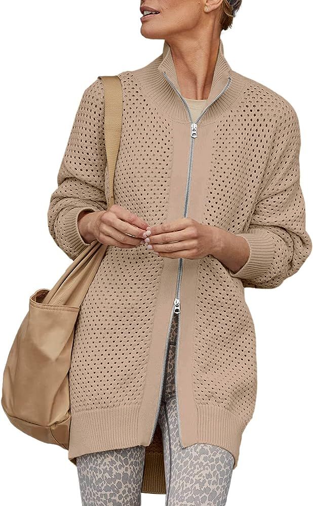 Women's Turtleneck Zip Up Cardigan Sweaters Oversized Drop Shoulder Long Sleeve Casual Solid Mesh Kn | Amazon (US)