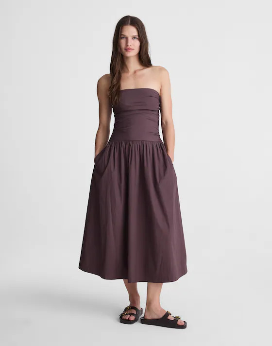 Strapless Ruched Midi Dress in Poplin | Madewell