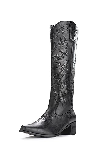 IUV Cowboy Boots For Women Knee High Boots Pointy Toe Women's Western Boots Side Zipper Chunky Heel Cowgirl Boots | Amazon (US)