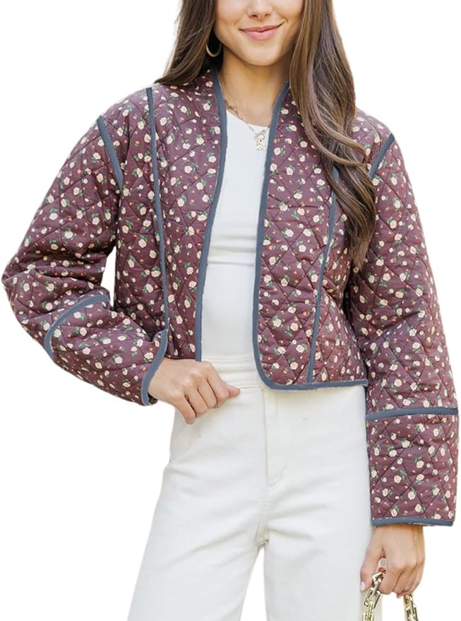 Omoone Women's Cropped Floral Reversible Quilted Jacket Cardigan Printed Lightweight Open Front P... | Amazon (US)