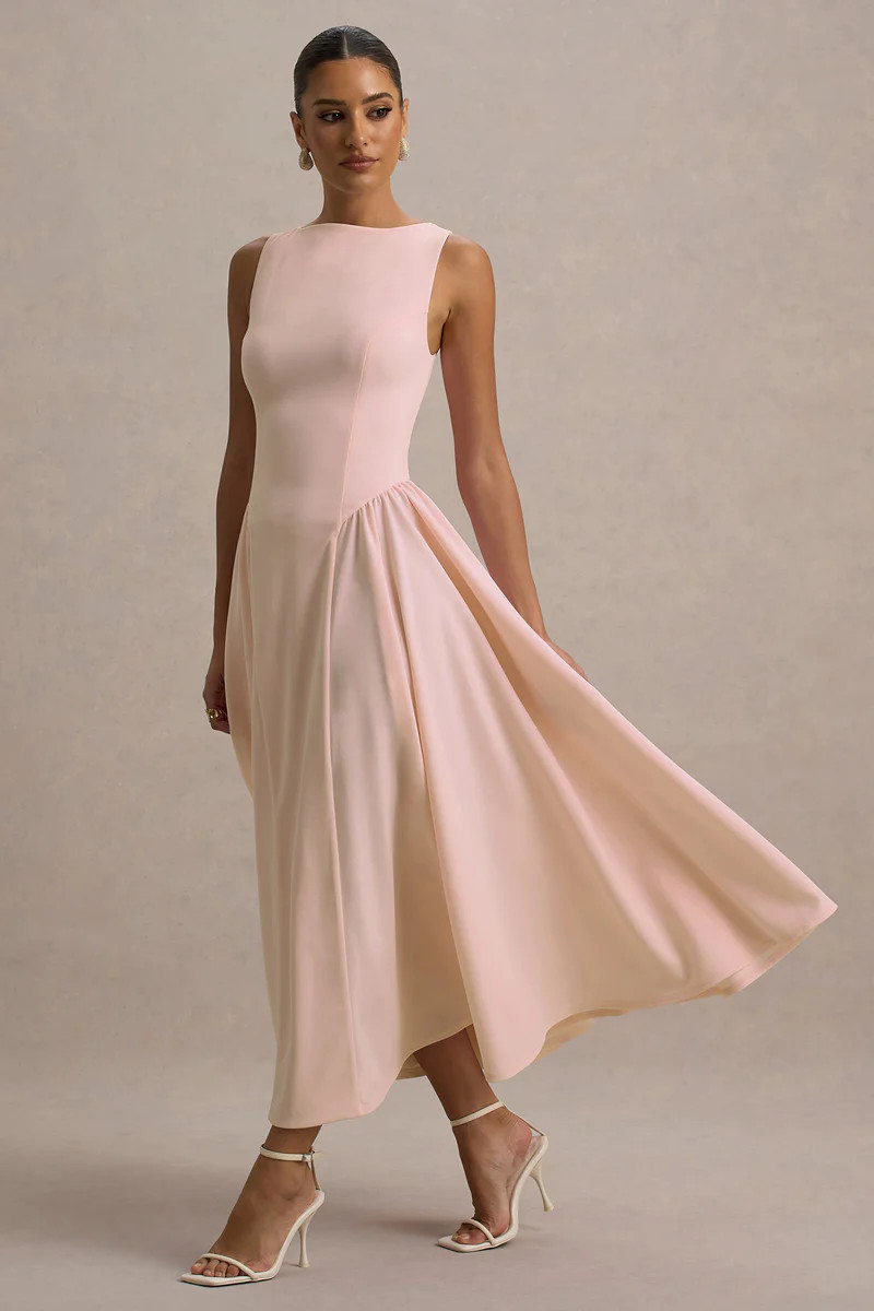 Muriel | Pink Boat-Neck Volume-Hem Midi Dress | Club L London