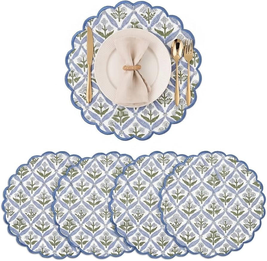 Ridhi Floral Block Print Round Placemats 15" in, Set of 4, Light Steel Blue | Amazon (US)