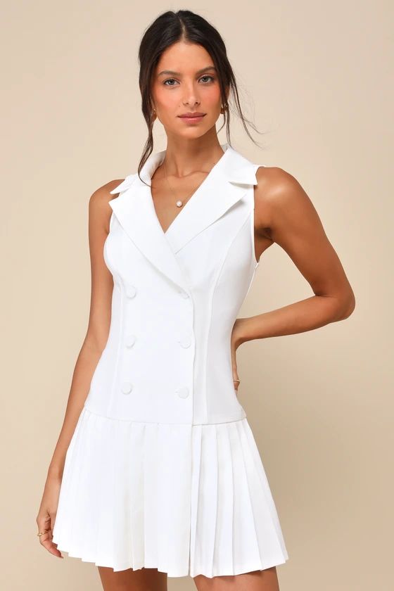White Sleeveless Blazer Pleated Mini Dress | White Mini Dress | Blazer Dress Outfit | Lulus