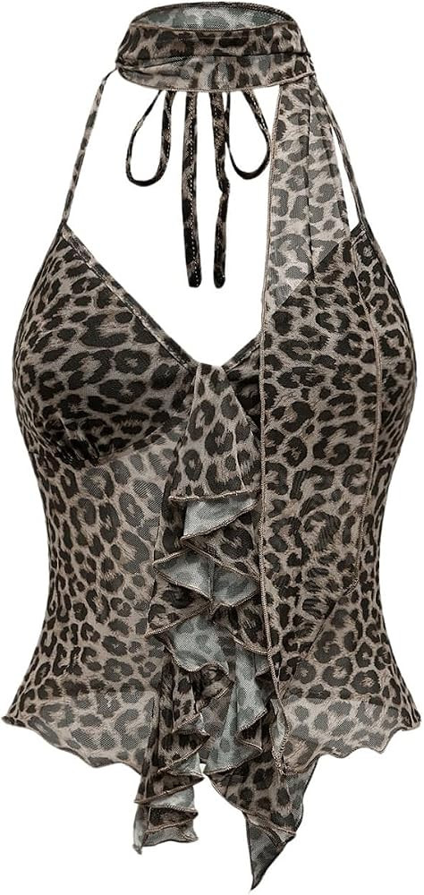 GORGLITTER Women's Cheetah Leopard Print Halter Tops Animal Mesh Bow Going Out Scarf Cute Summer ... | Amazon (US)