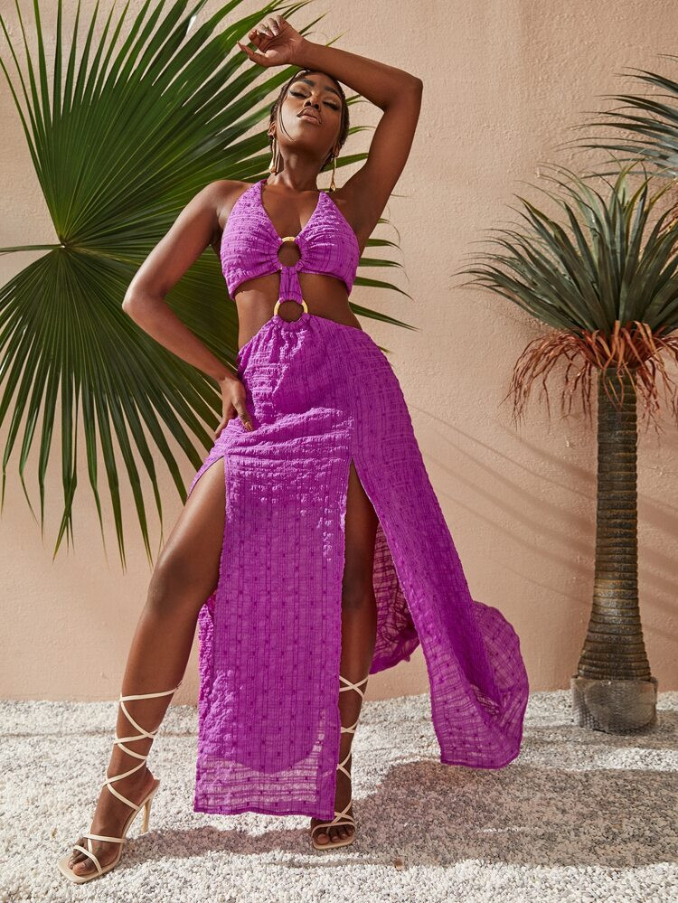 SHEIN SXY Tie Backless O-ring Ruched M-slit Thigh Halter Dress | SHEIN