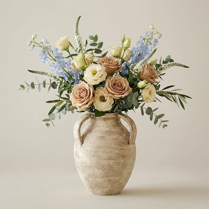 Rustic Watertight Ceramic Flower Vase for Home Decor, Three Handle Pottery Vase, Hand Textured De... | Amazon (US)