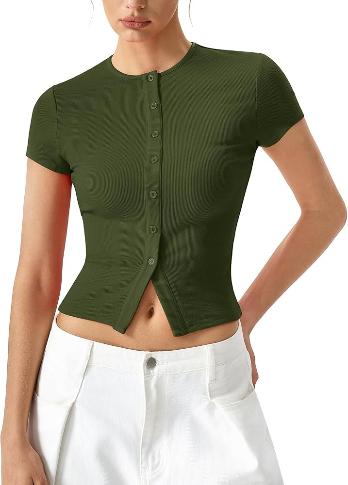 QINSEN Women's Crewneck Short Sleeve T Shirts Ribbed Button Going Out Trendy Tops | Amazon (US)