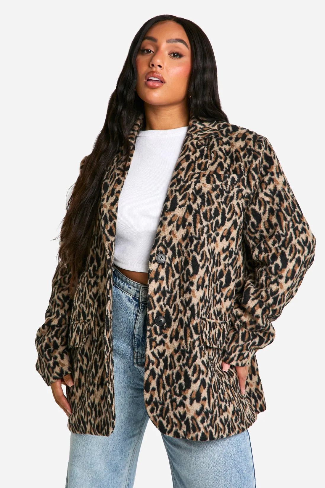 Plus Leopard Print Shoulder Pad Detail Wool Look Blazer | boohoo (US & Canada)