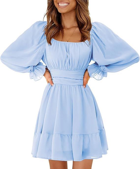 EXLURA Women's 2026 Casual Long Lantern Sleeve Dresses Square Neck Ruffle Tie Back Elastic Waist ... | Amazon (US)