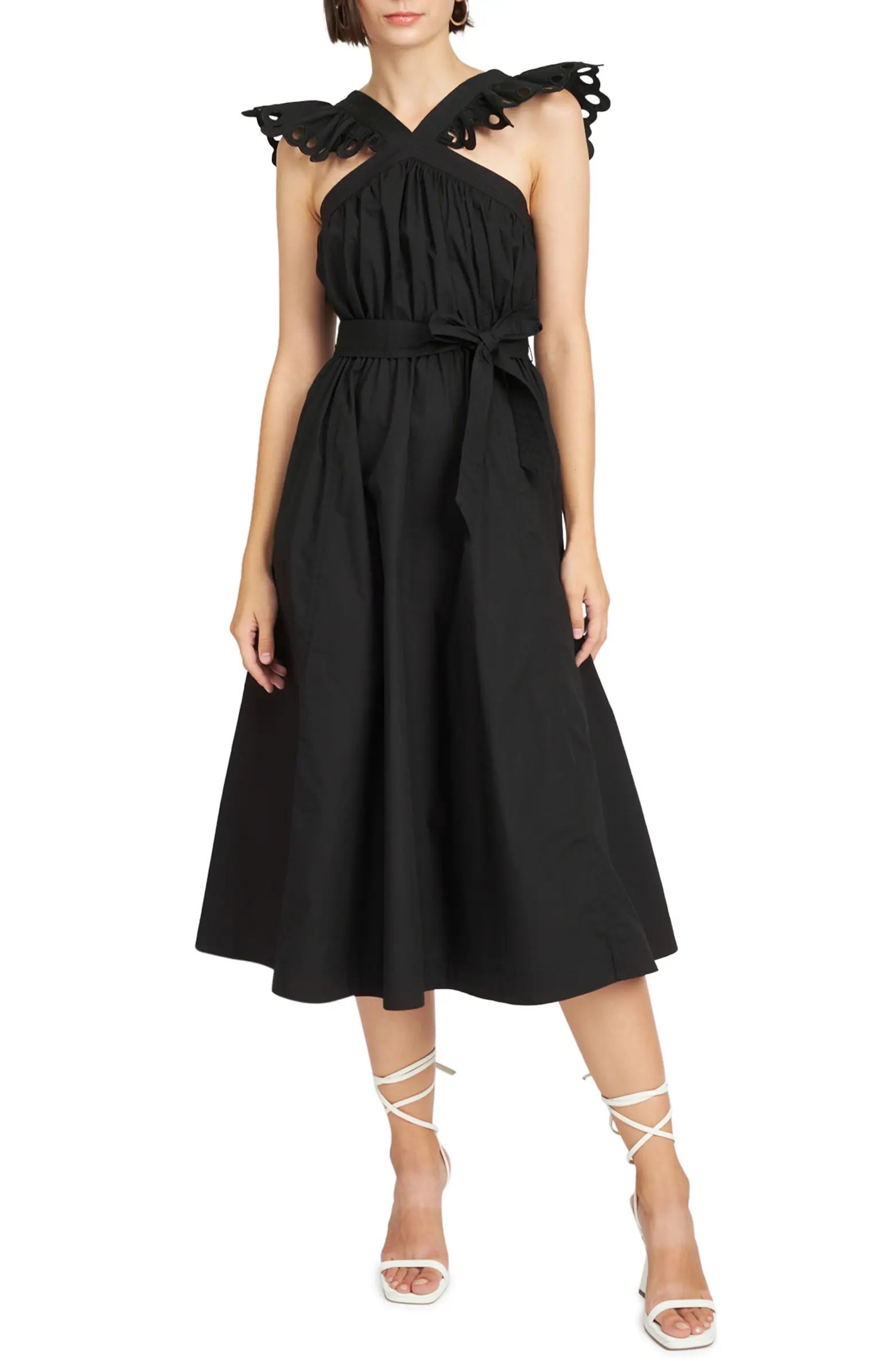 Crista Ruffle Eyelet Belted Cotton Midi Dress | Nordstrom