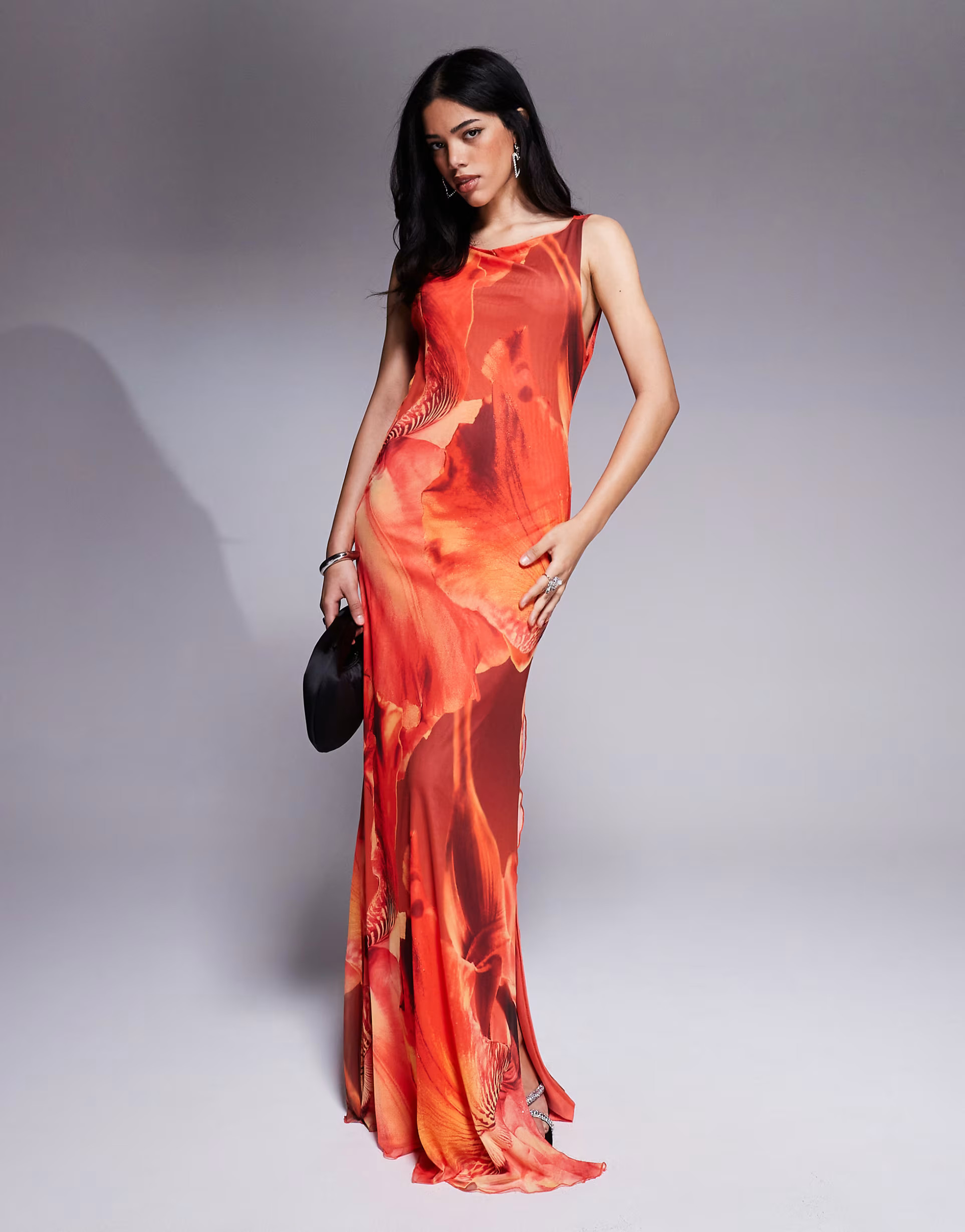 ASOS DESIGN deep cowl with twisted strap mesh maxi dress in orange print | ASOS | ASOS (Global)