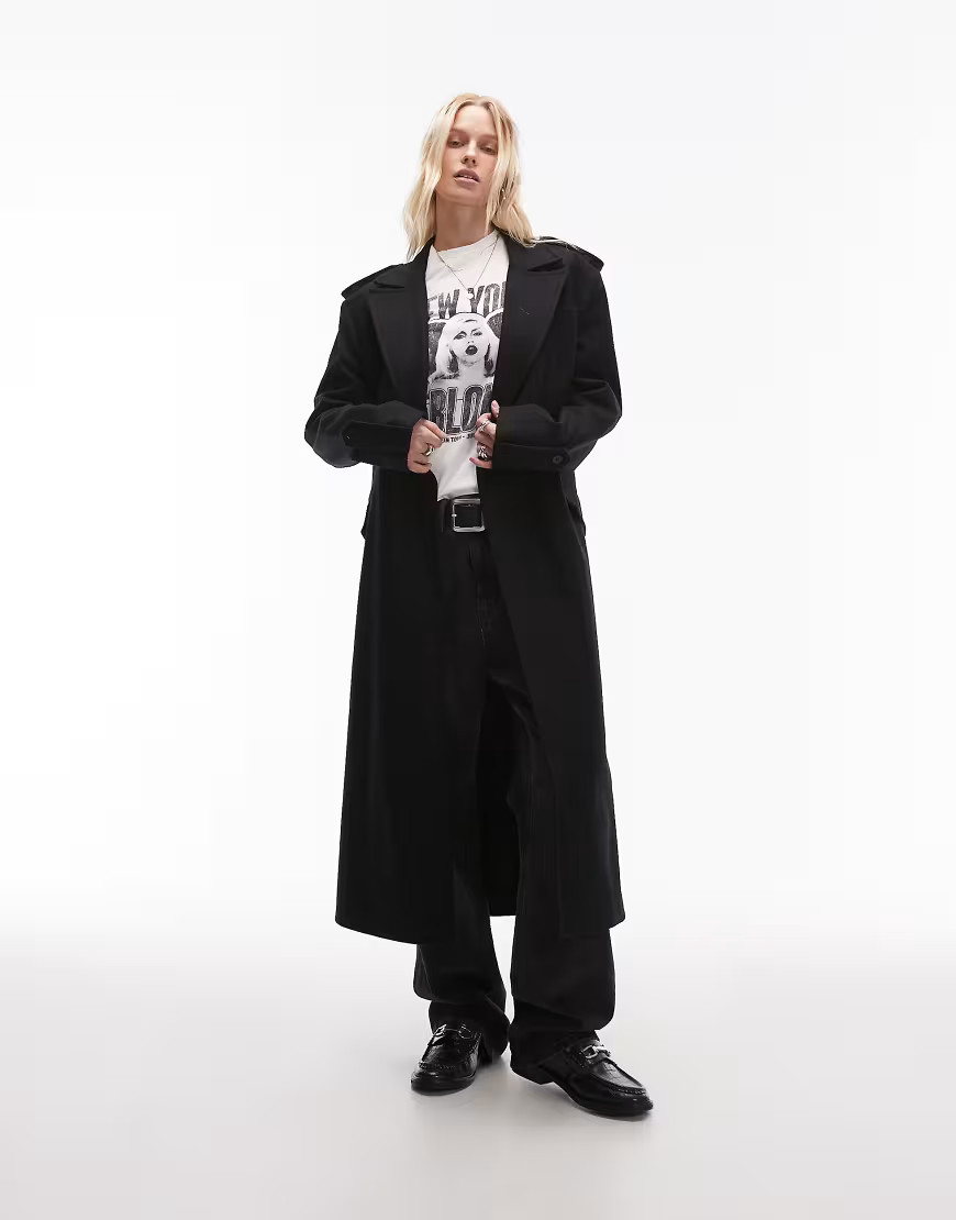 AllSaints Augusta wool blend long coat in black | ASOS (Global)