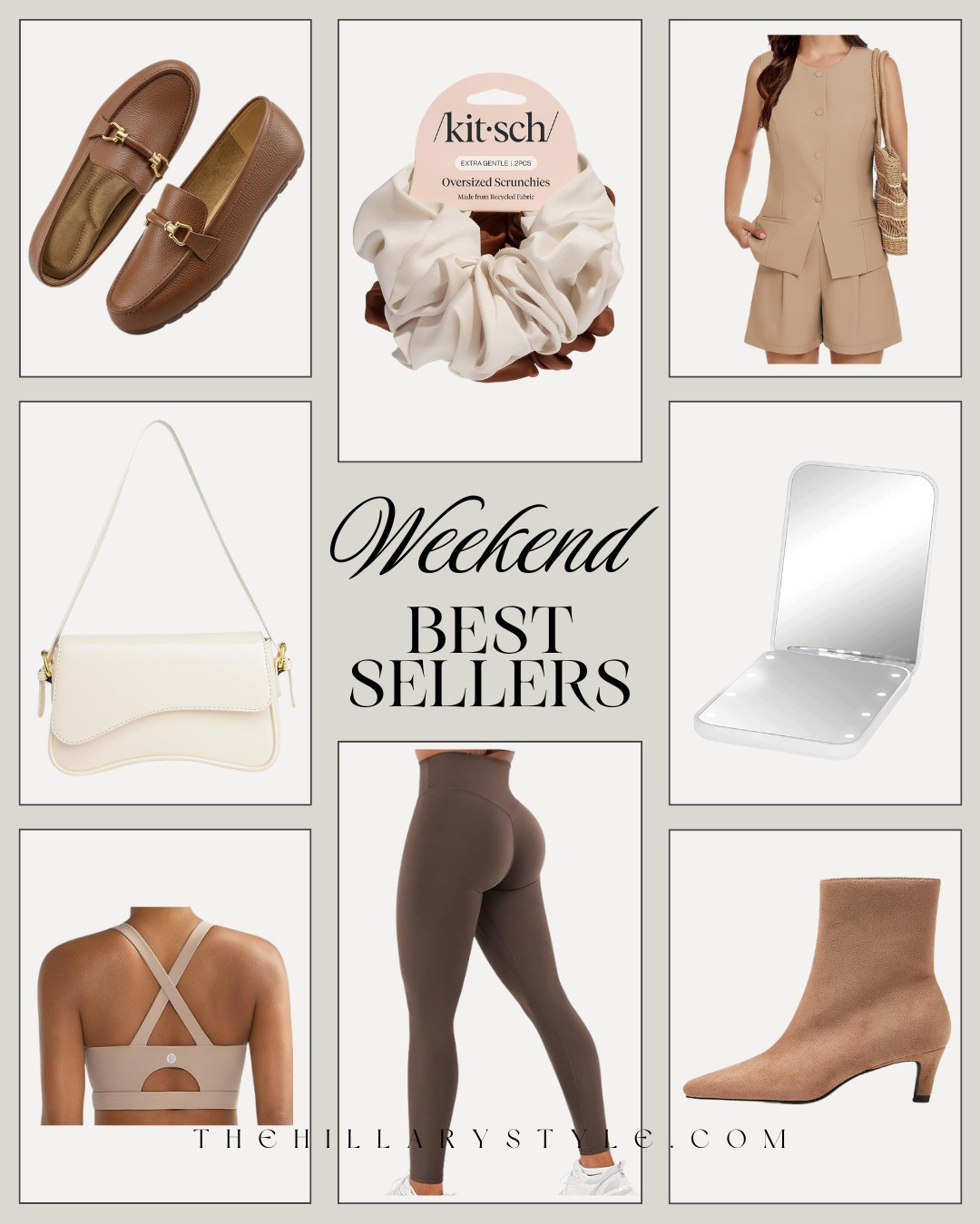 WEEKEND BEST SELLERS — YOU LOVED THESE! The AMAZON FASHION + BEAUTY pieces that flew this weekend… and they’re all that perfect neutral mix.

Those CLASSIC BROWN LOAFERS are giving timeless, polished, everyday chic. The KITSCH OVERSIZED SCRUNCHIES are the easiest elevated hair moment. That NEUTRAL VEST & SHORT SET is such a clean, put-together look. The MINI SHOULDER BAG is minimal and effortless. The LED TRAVEL MIRROR is a must for flawless makeup anywhere. The CROSS-BACK SPORTS BRA and HIGH-WAIST LEGGINGS are the most flattering combo. And those TAN ANKLE BOOTS? So good with denim or dresses.

Wearable. Chic. Easy.

#Amazon #TheHillaryStyle #AmazonFashion #WeekendBestSellers #NeutralStyle #CapsuleWardrobe #ElevatedBasics #AthleisureStyle #EverydayChic #FallFashion 

 #LTKmomlife #LTKOver40 #LTKHome