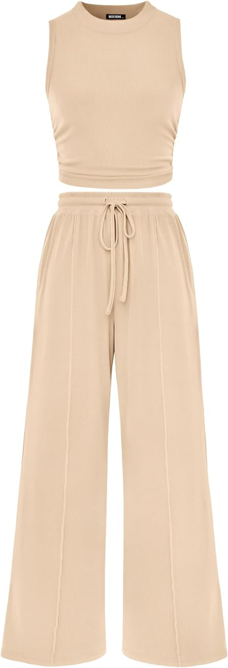 BTFBM Summer Outfits For Women 2026 Ribbed Sleeveless Tank Tops Wide Leg Pants 2 Piece Sets Loung... | Amazon (US)