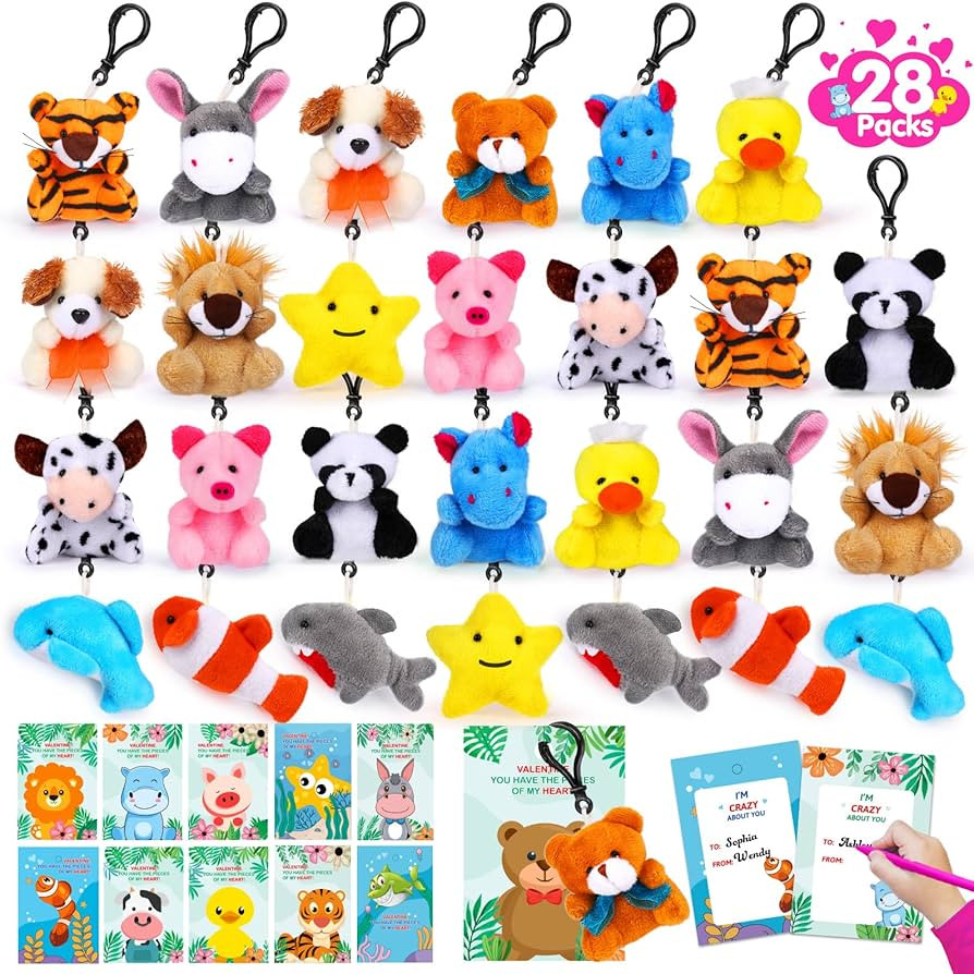 28 Packs Valentines Day Gifts for Kids Girls Boys with Valentines Stuffed Animal Keychain Valenti... | Amazon (US)
