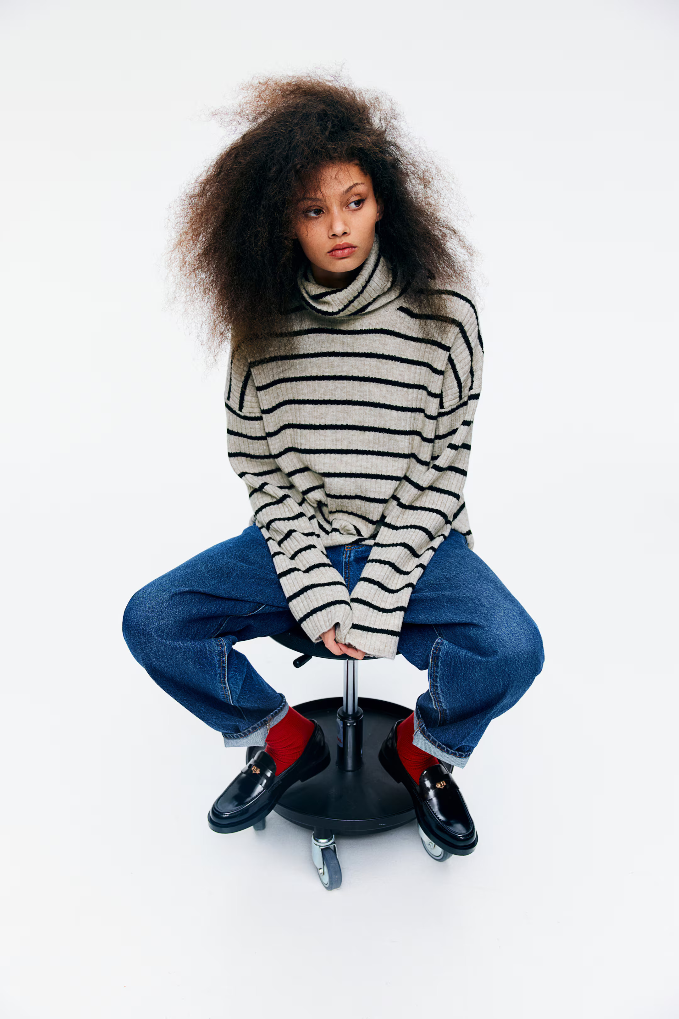 Oversized Turtleneck Sweater - Light beige melange/striped - Ladies | H&M US | H&M (US + CA)