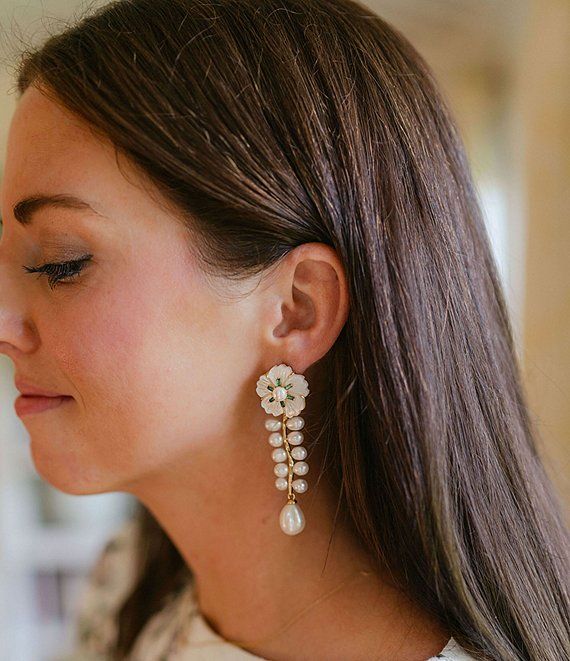 x Nicola Bathie Audrey Emerald CZ Carved Shell Flower Linear Earrings | Dillards