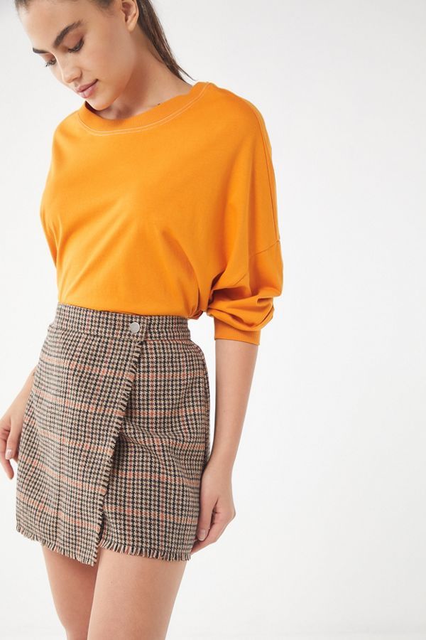UO Teryn Houndstooth Fray Wrap Skirt | Urban Outfitters (US and RoW)