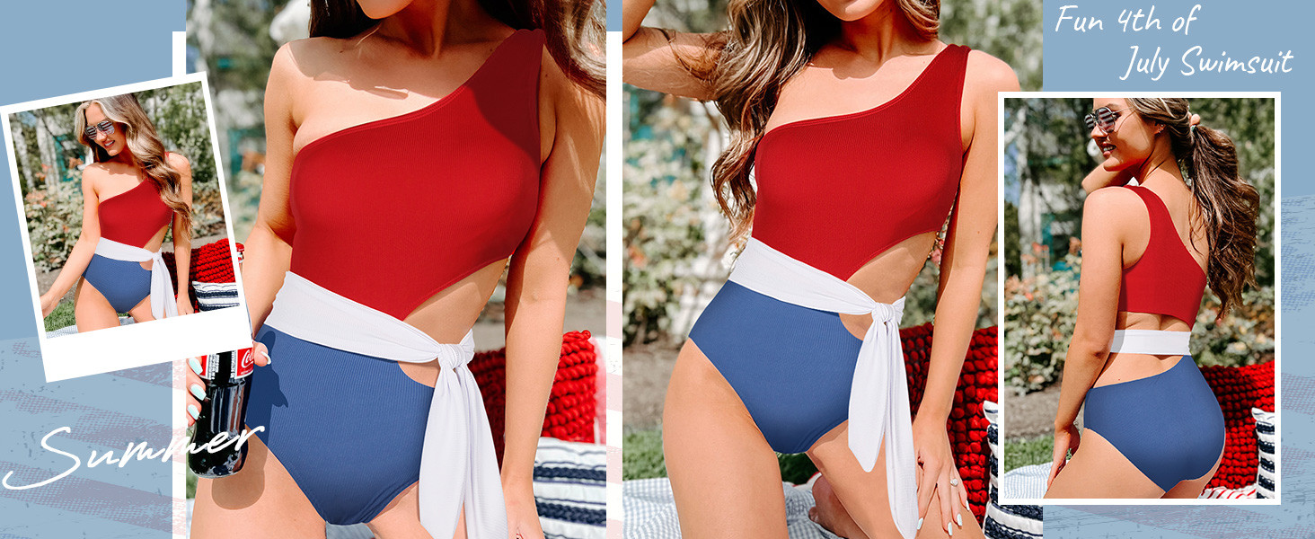 One Piece Bathing Suit for Women One Shoulder Cut Out Swimsuit Ribbed Color Block Monokini Tie Si... | Amazon (US)