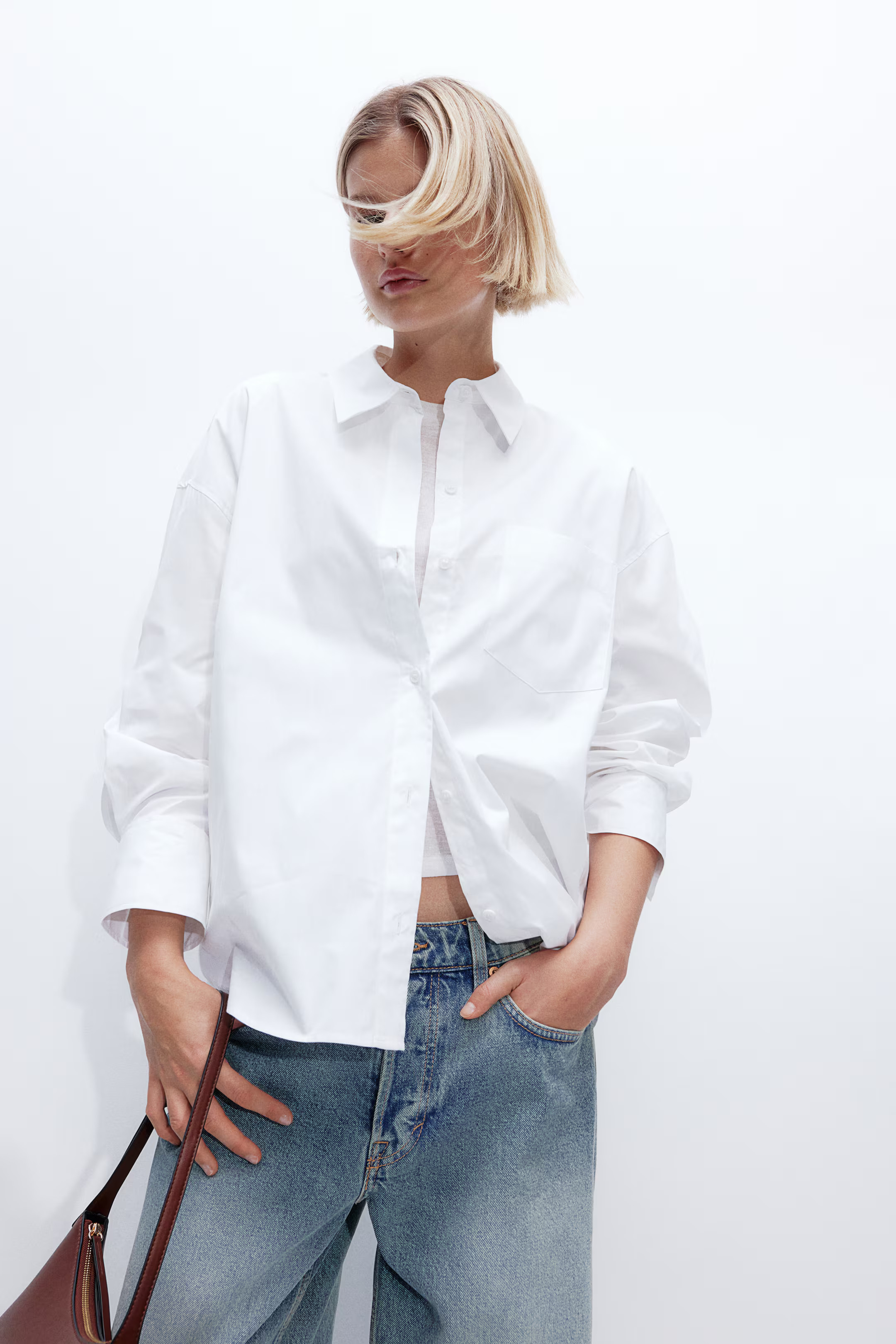 Oversized Cotton Shirt - Long sleeve - Long - White - Ladies | H&M US | H&M (US + CA)