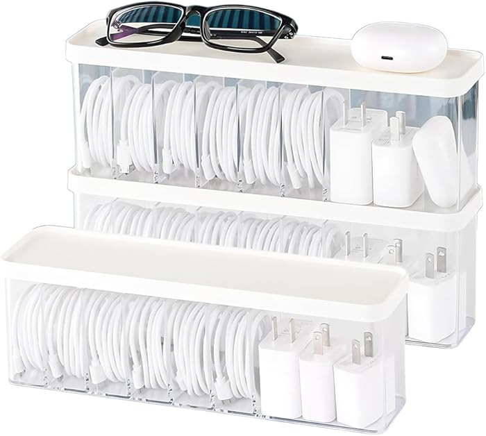 Charger Cable Cord Storage Organizer Box - 3 Pack With Lid - Easy Storage Without Cable Ties | Amazon (US)