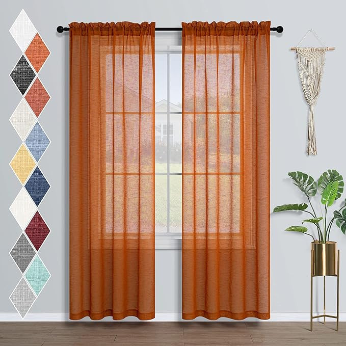 Burnt Orange Sheer Curtains 84 Inch Length For Bedroom 2 Panels Pumpkin Thanksgiving Day Rod Pock... | Amazon (US)