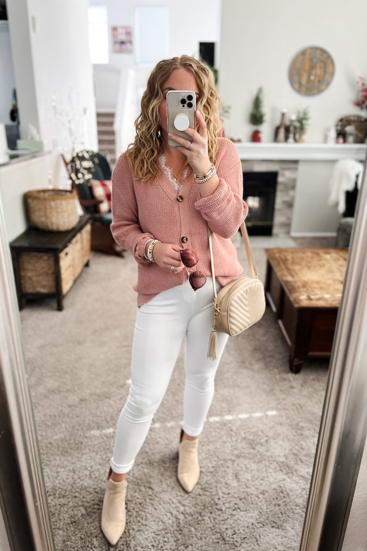 Valentines Day Outfit with a pink cardigan, lace tank top, white jeans, beige boots and crossbody bag. 
//Amazon outfit ideas, casual outfit ideas, casual fashion, amazon fashion, found it on amazon, amazon casual outfit, cute casual outfit, outfit inspo, outfits amazon, outfit ideas, Womens shoes, amazon shoes, Amazon bag, purse, size 4-6, winter outfit Amazon, early spring outfits, spring work outfit, Easter outfits, white jeans outfit, #valentines #valentinesday #ltkseasonal 

#LTKworkwear #LTKfindsunder50 #LTKstyletip