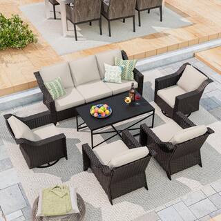 6-Piece Brown Wicker Outdoor Patio Conversation Set Swivel Chair with Beige Cushions and Coffee Table | The Home Depot
