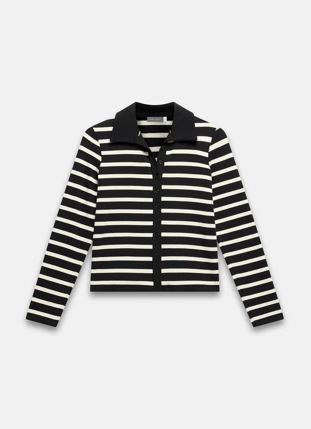 Black Cotton Striped Polo Top | Mint Velvet