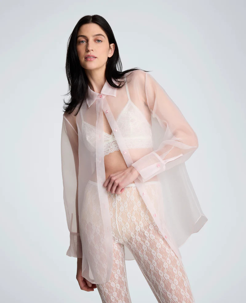 Sheer Organza Oversized Button Front Long Sleeve Shirt | Kenneth Cole