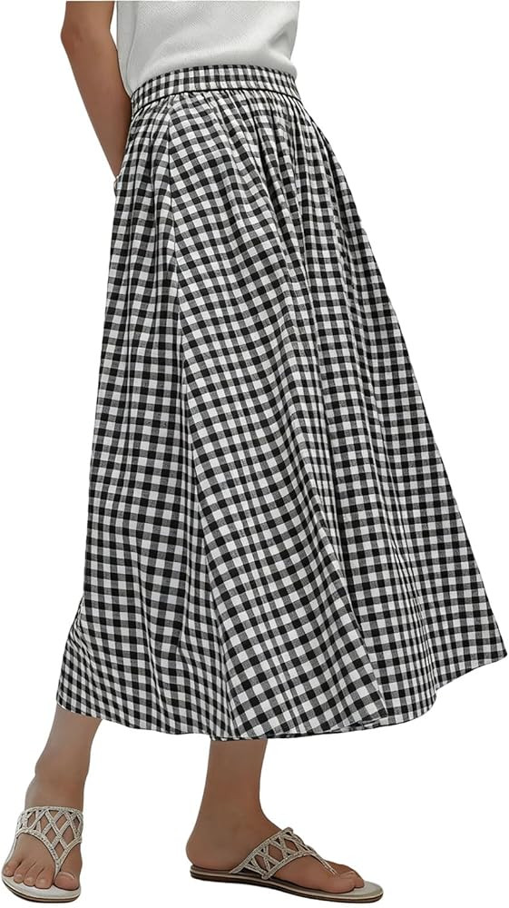 CHARTOU Women Summer Wide Leg Capri Pants Gingham Plaid Culottes Elastic Waist Palazzo Pants with... | Amazon (US)