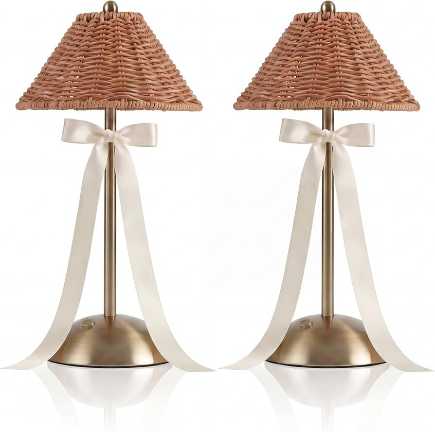 2 Pack Wedding Rattan Bow Cordless Table Lamps Rechargeable, Wicker LED Desk Lamp, 3 Colors Smoot... | Amazon (US)