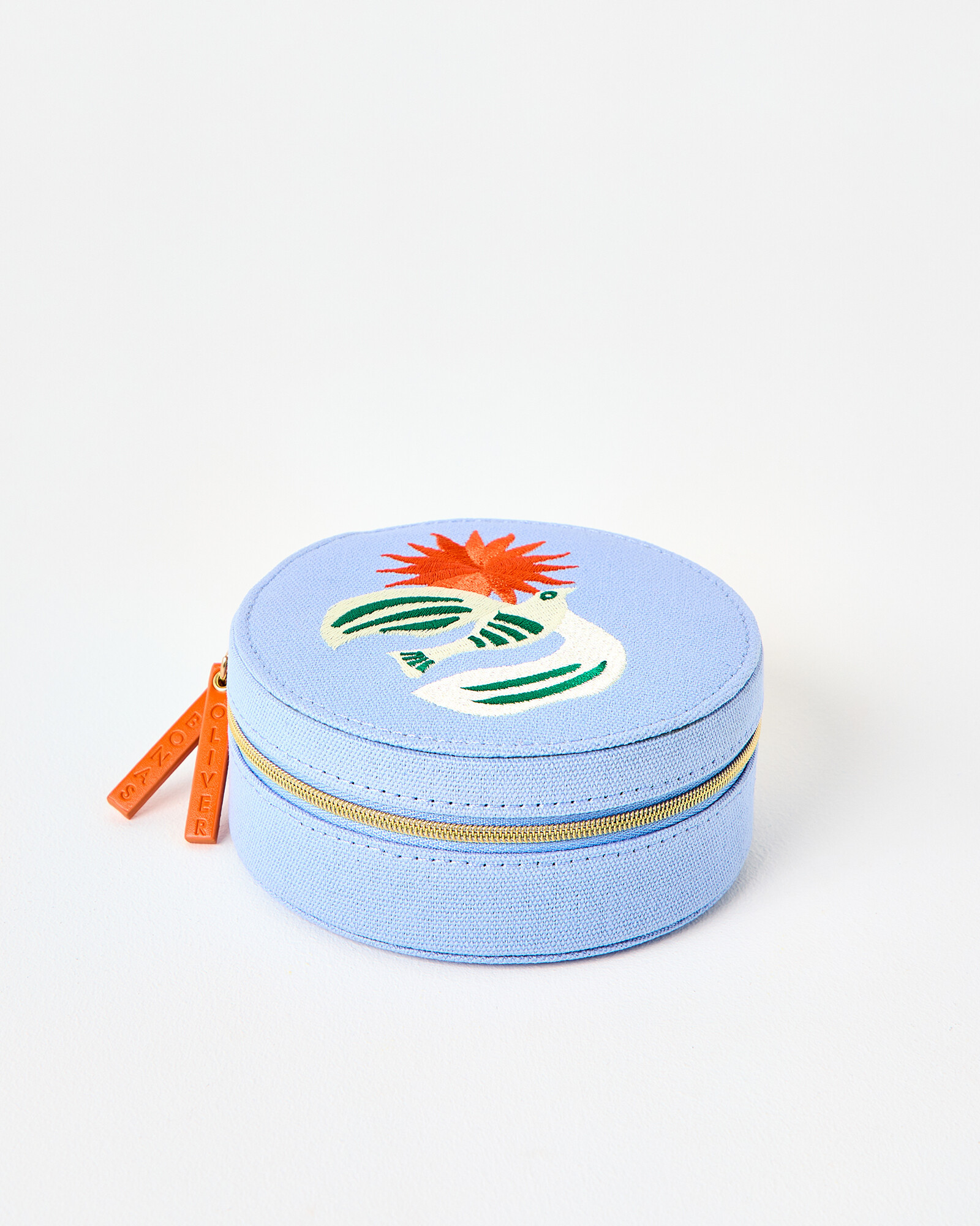 Embroidered Bird Round Blue Jewellery Box | Oliver Bonas | Oliver Bonas (Global)