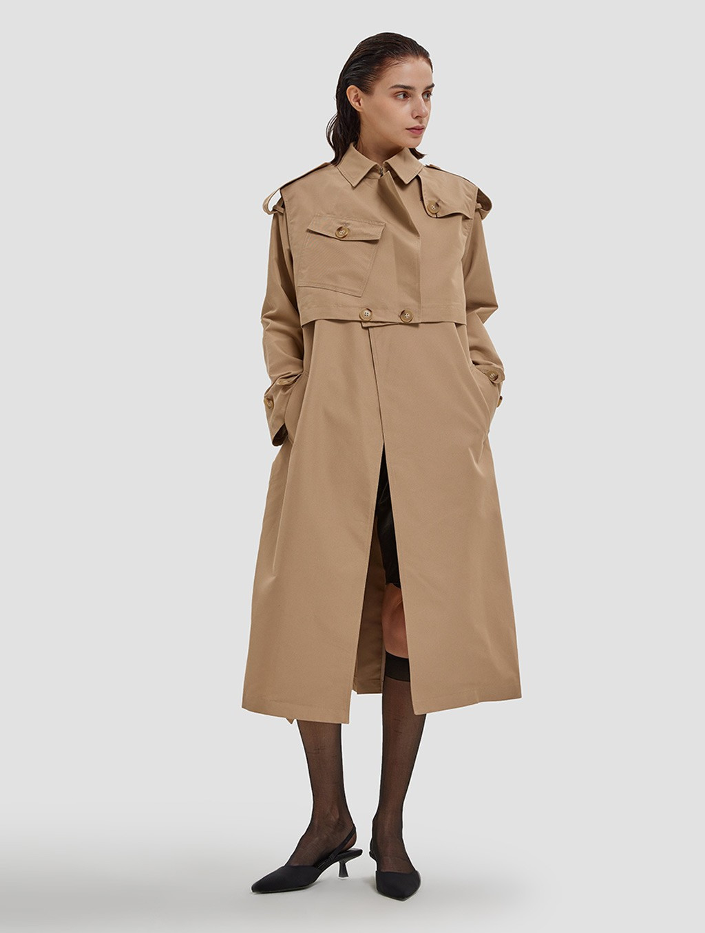Belted Trench Coat with Upper Flap | Lattelierstore