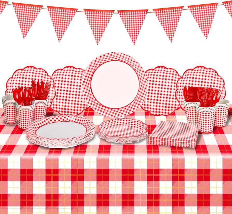Gatherfun Gingham Red and White Party Supplies Disposable Paper Plates Napkins Cups Knives Spoons... | Amazon (US)
