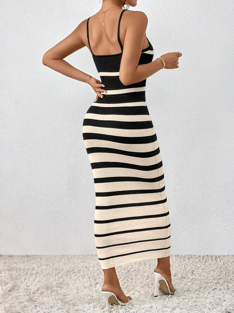 SHEIN LUNE Spring/Summer Casual Striped Slim-Fit Knit Tank Dress With Color Block | SHEIN