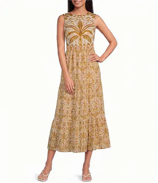 Sugarlips Calina Tropical Printed Jivie Crew Neck Sleeveless Tiered A-Line Cutout Linen Maxi Dres... | Dillard's